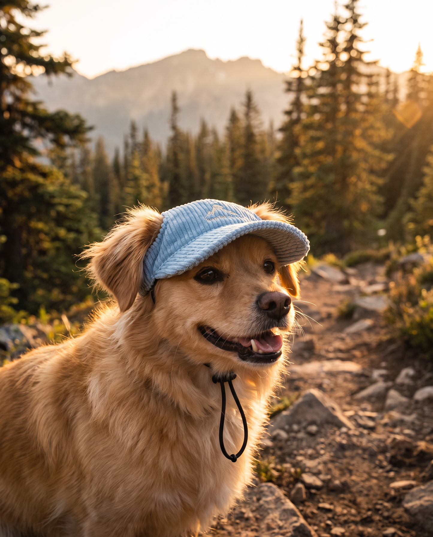 Chien portant la casquette Kaplar & Co sur un sentier de montagne au coucher du soleil
