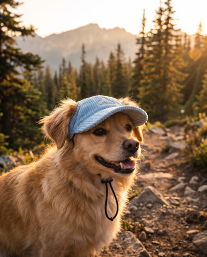 Chien portant la casquette Kaplar & Co sur un sentier de montagne au coucher du soleil