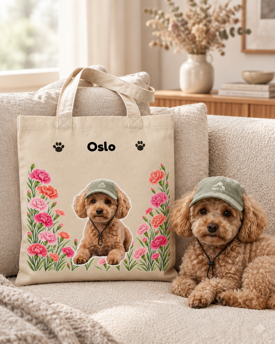 Tote bag personnalisé chien posé sur un canapé à côté du caniche