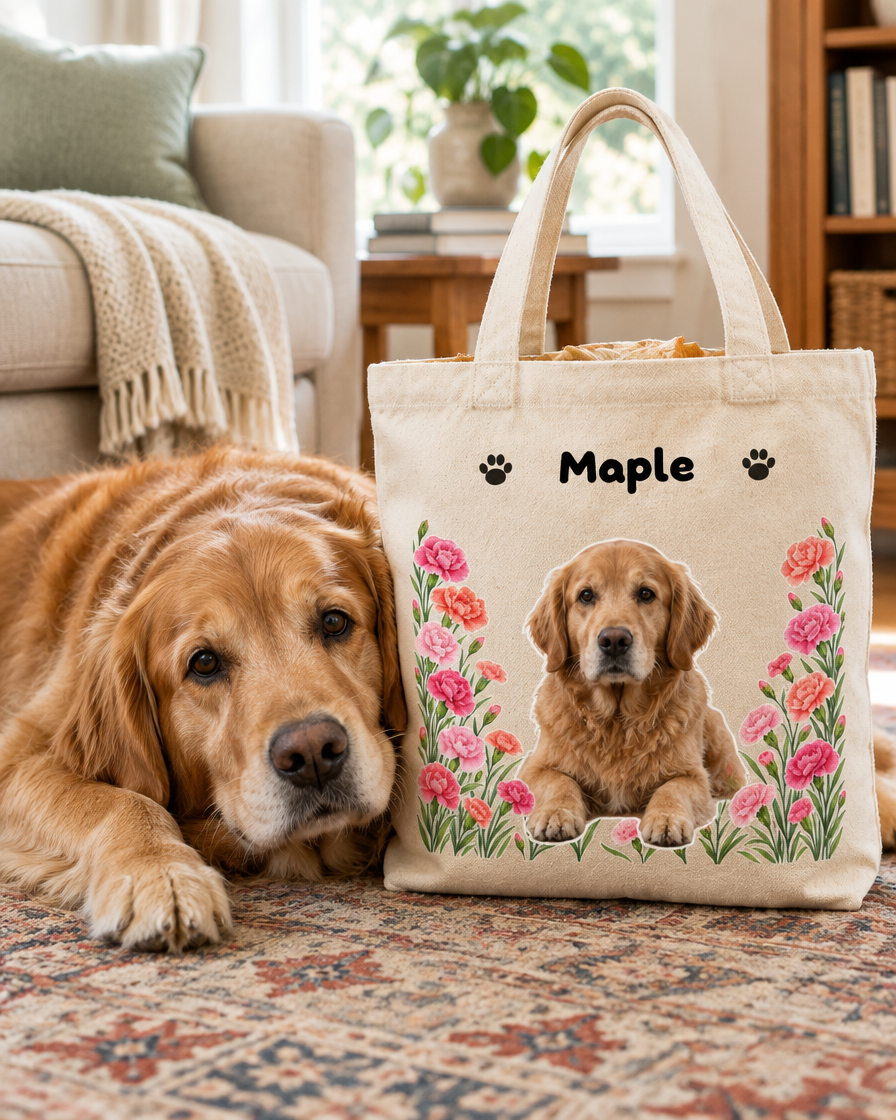 Tote bag personnalisé chien posé sur un tapis à côté d'un golden retriever, portrait détouré et prénom Maple