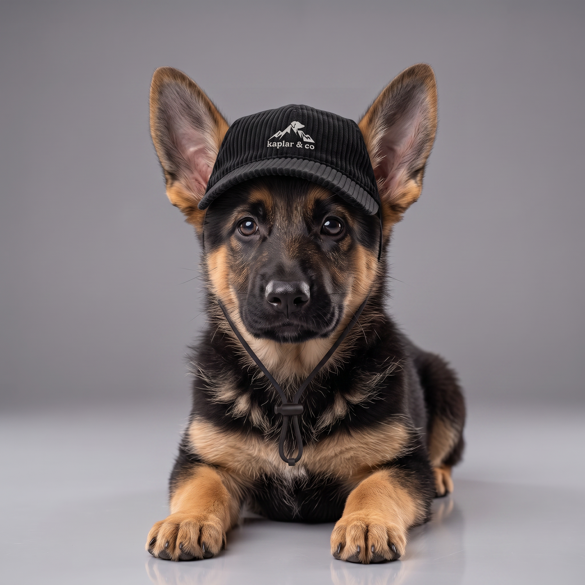 Chiot berger allemand portant la casquette Kaplar & Co Noir