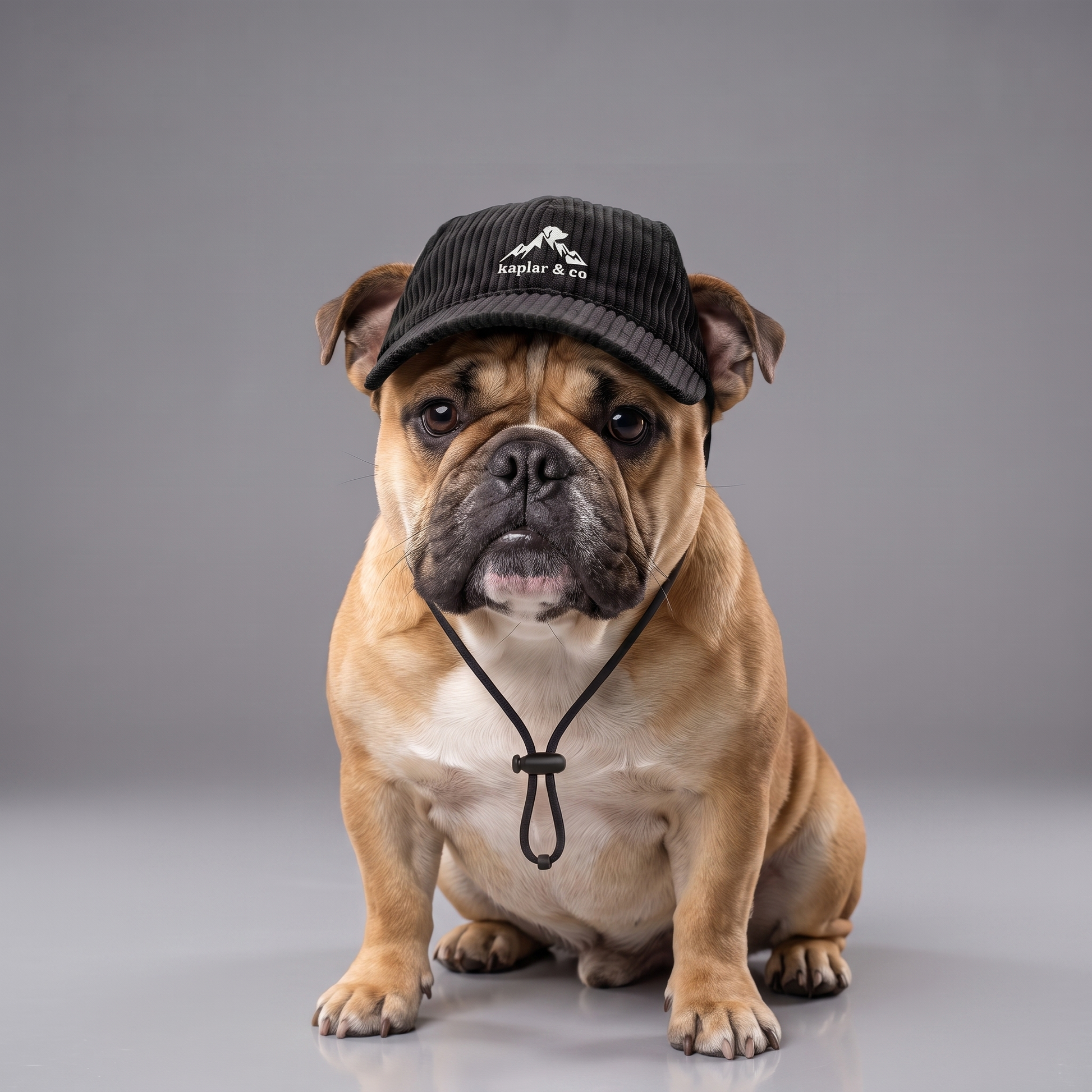 Chien bouledogue portant la casquette Kaplar & Co Noir