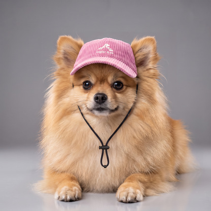 Chien poméranien portant la casquette Kaplar & Co Rose