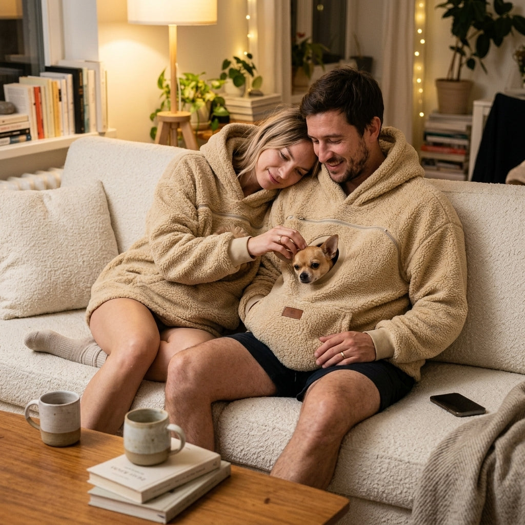 Couple en sweat porte chien beige crème, petit chihuahua dans la poche ventrale