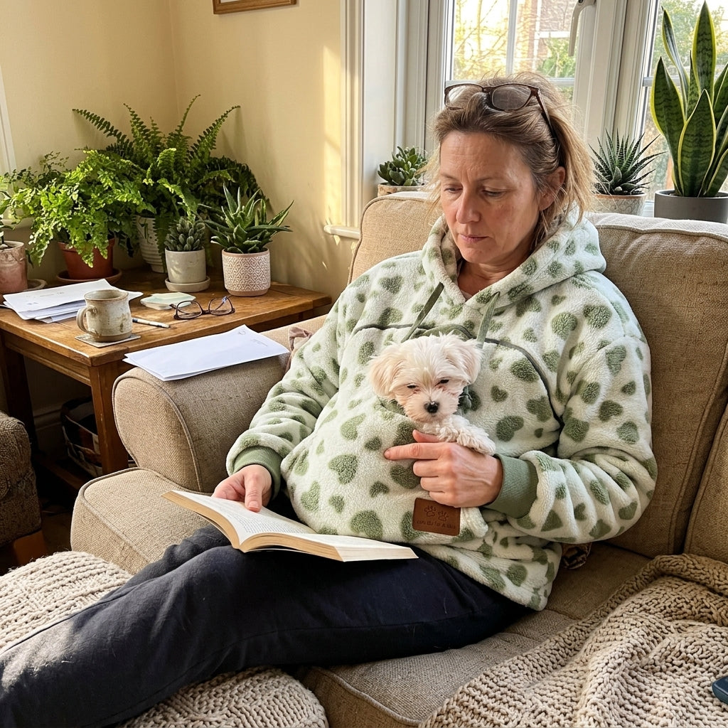 Sweat porte chien vert à cœurs : bichon qui sort la tête de la poche pendant la lecture